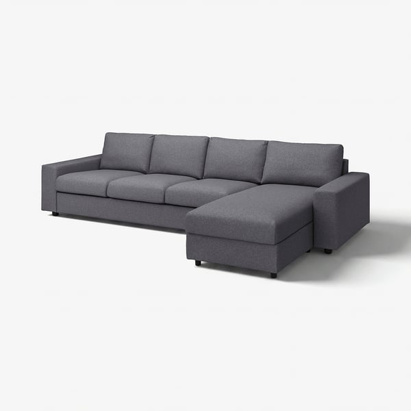 VIMLE grey l-shaped couch; modern, cosy, fabric-covered with storage chaise.