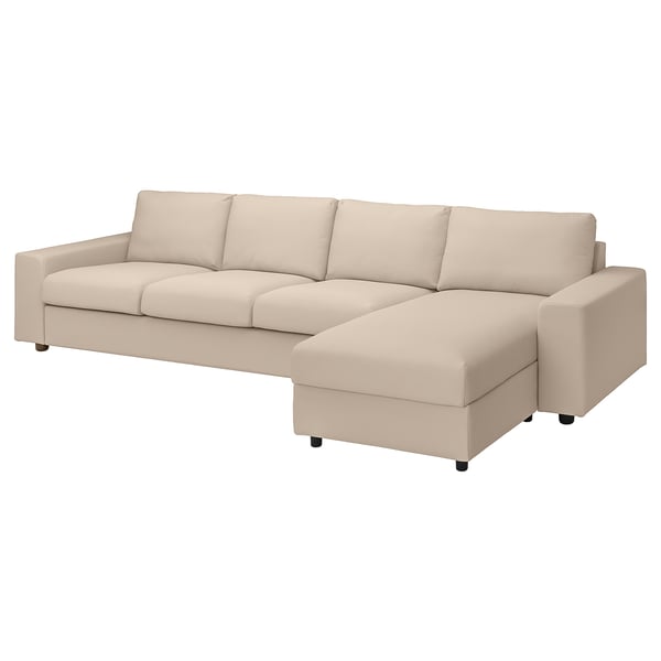 The VIMLE sectional sofa is beige, l-shaped, with plush cushions and dark wood legs.