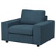 A blue upholstered armchair, VIMLE, with square arms and tapered wooden legs. A textured fabric and modern design.