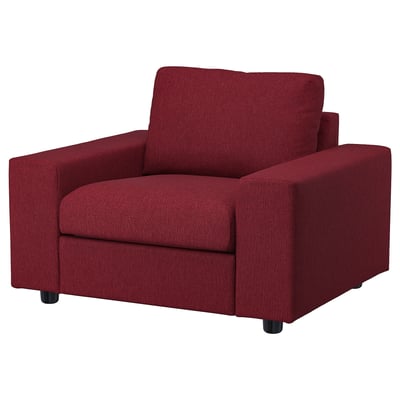 Red VIMLE sofa chair, modern, boxy shape, dark wood legs.