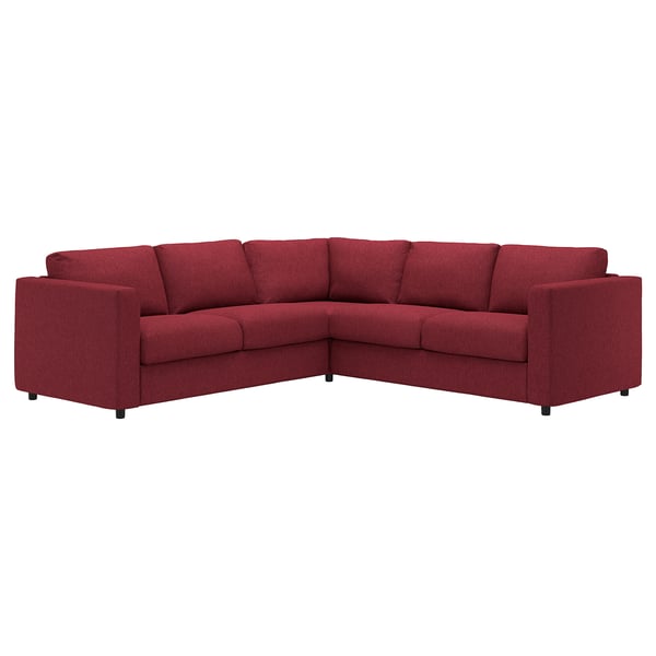 Its a red, l-shaped sofa with a modern design, featuring soft cushions and removable, machine-washable fabric covers.