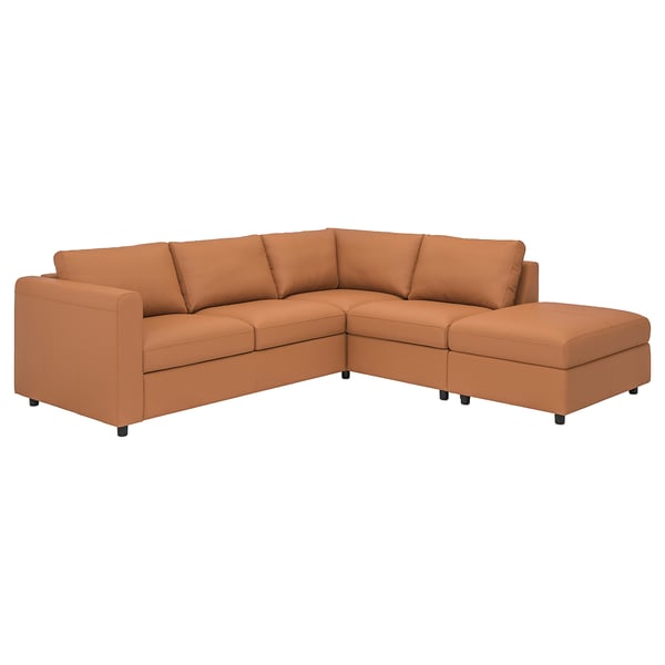 Displays a brown leather l-shaped VIMLE sectional sofa with a storage ottoman.