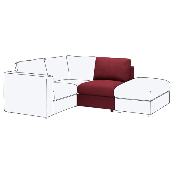 L-shaped sofa with red and white cushions. Modern design, durable fabric.