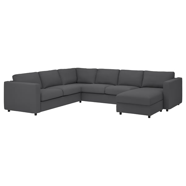 Corner sectional sofa in grey with cushions, modern design.