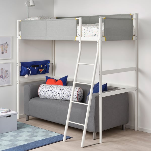 Modern VITVAL bunk bed with yellow accents and grey details. Includes below sofa bed and side storage bag, fitting neatly in corner.