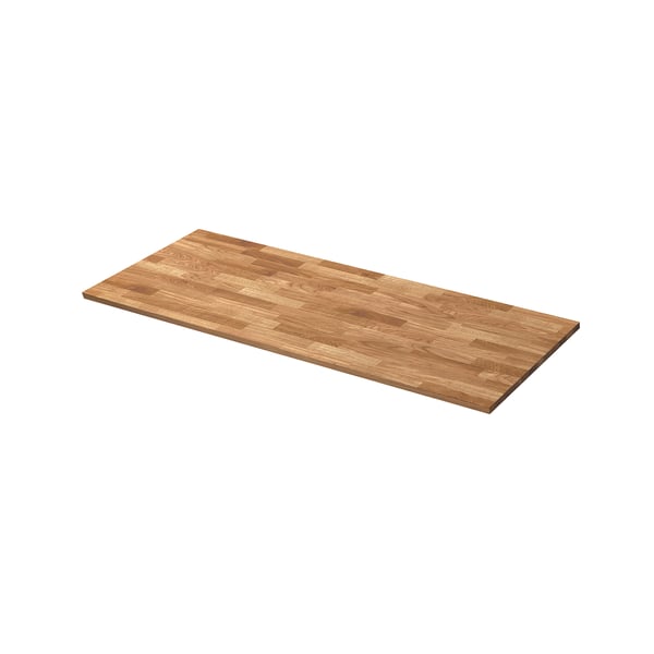 The VRENA wood worktop is rectangular with a natural oak finish, featuring a patterned veneer surface for a durable and sandable workspace.