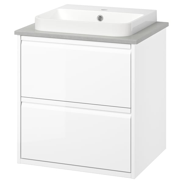 Hvidt ÄNGSJÖN-vaskeskab , moderne design med skuffer og marmorvask.
