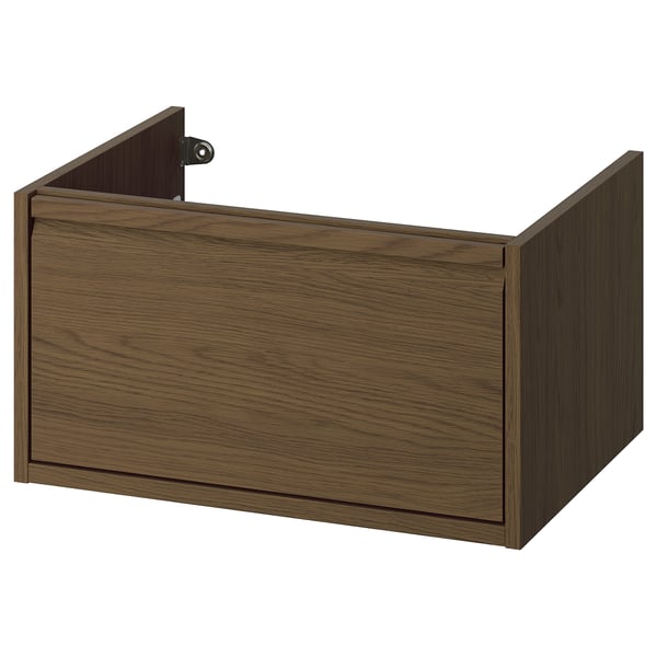 Væghængt badeværelsesopbevaring i brun eg med håndtag