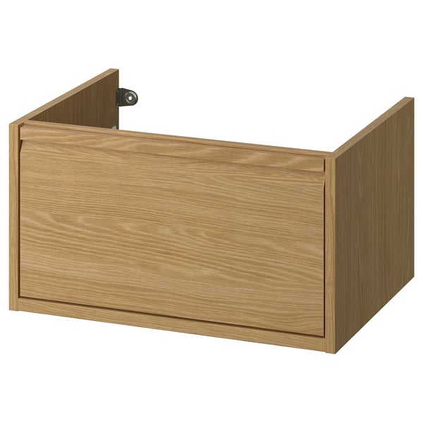 Badeværelsesskuffe med træeffekt med soft-close, minimalistisk design.