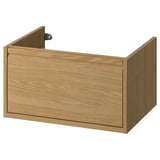 Badeværelsesskuffe med træeffekt med soft-close, minimalistisk design.