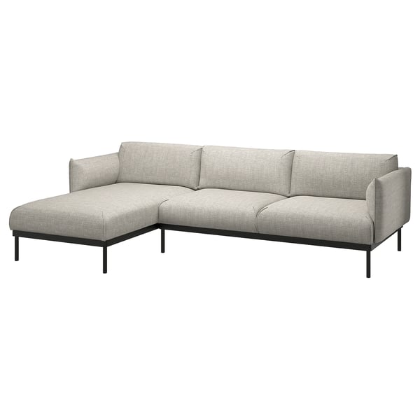 Moderne grå l-formet sofa, slanke metalben, stilfuldt minimalistisk design.
