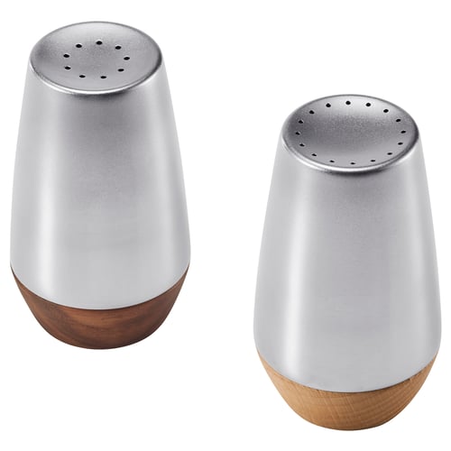 To sølvfarvede AFTONHAJ salt- og peberbøsser med træbund, cylindrisk form, slankt design.