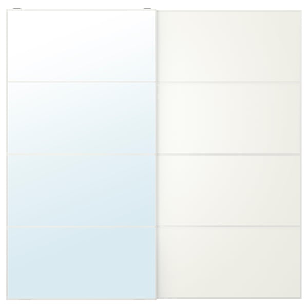 Skydedøre til garderobeskabe: en spejl, en vendbar panel. Moderne, hvidt, minimalistisk design.