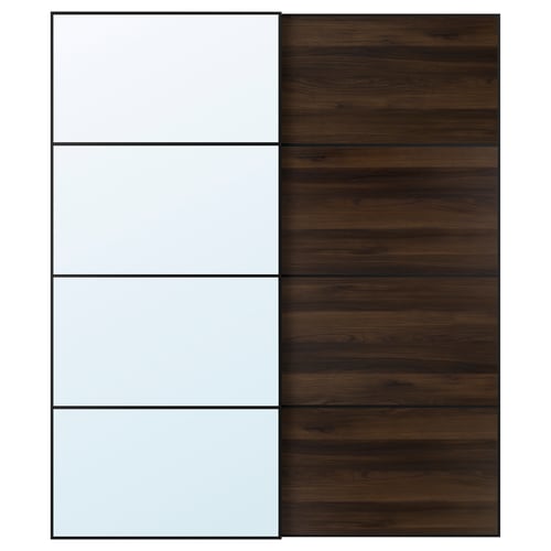 AULI / MEHAMN Skydedørspar, sort spejl/dobbeltsidet mørkebrun egetræseffekt, 200x236 cm