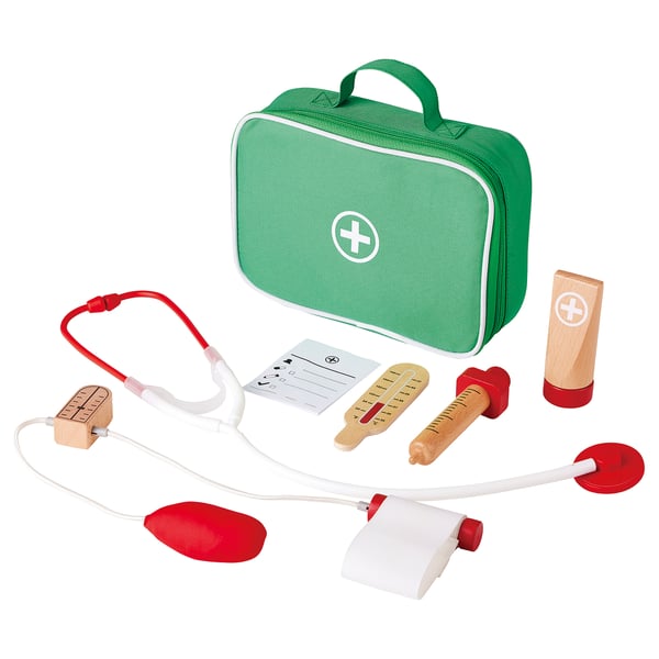 Grønt legesæt til børn: stetoskop, termometer, sprøjte, diagram og etui. Tilskynder til fantasifuld medicinsk leg.