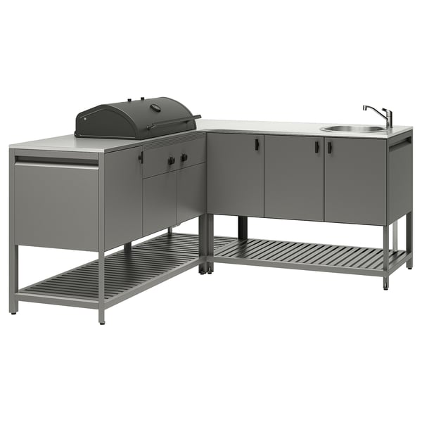 BÅTSKÄR Udekøkken m kulgrill+vask, mørkegrå, 180x180 cm