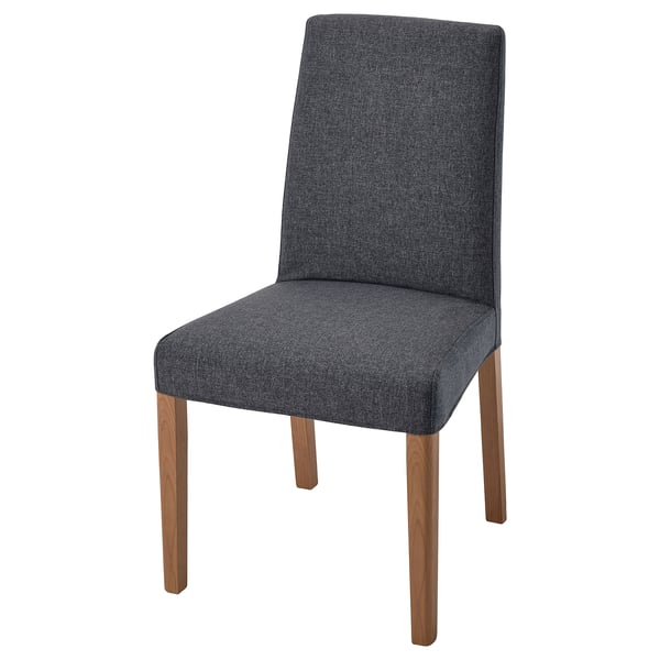 Moderne stol, BERGMUND, gråt stof, træben, høj ryg, komfortabel.
