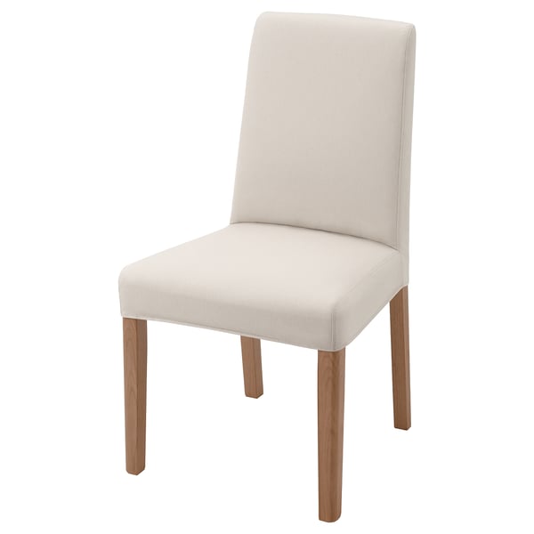 BERGMUND stolen er en råhvid, polstret spisebordsstol med træben. Det er et højt ryglæn, buede kanter og et skålformet sæde for komfort.