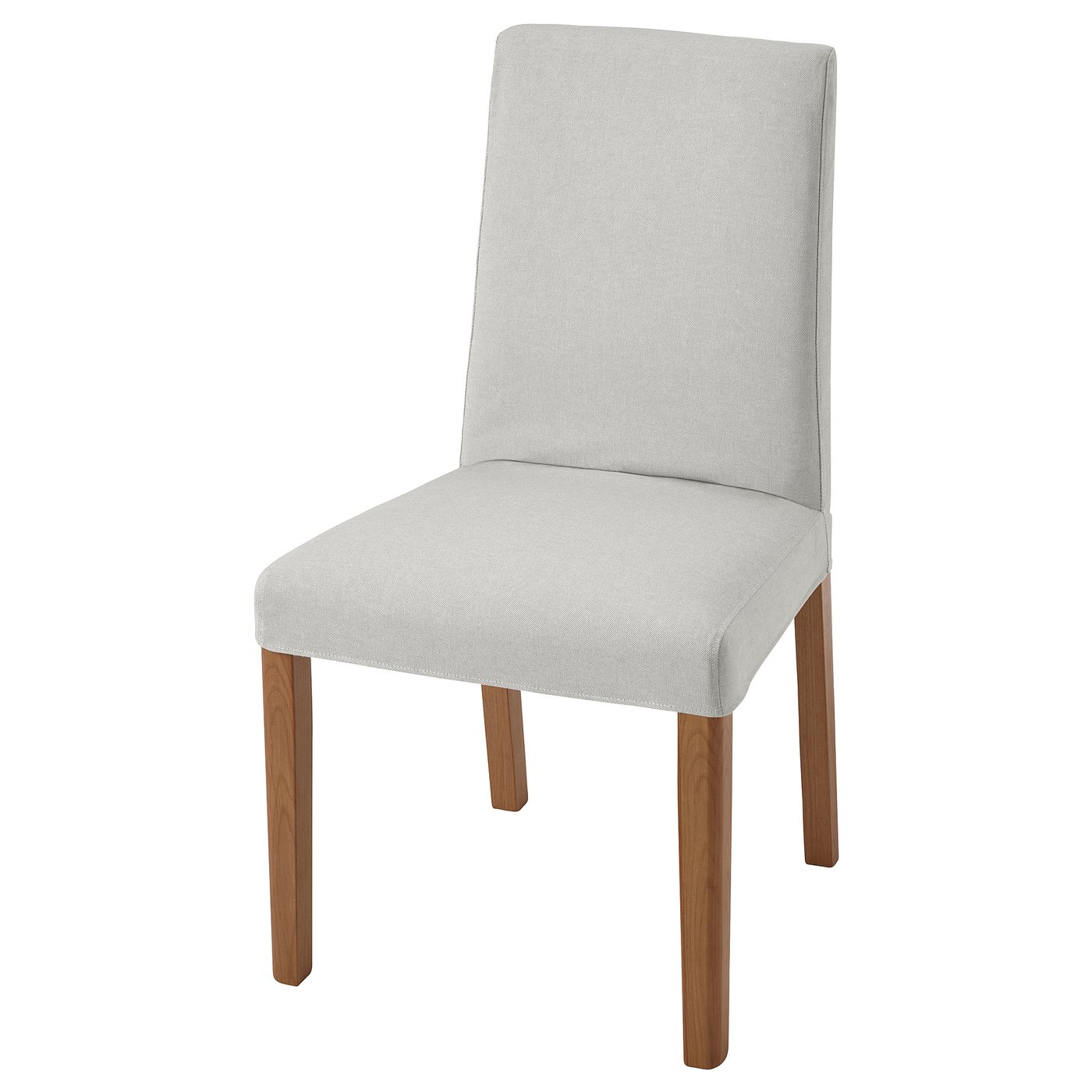 BERGMUND stol: grå, træben, buet ryg, polstret sæde, moderne design.