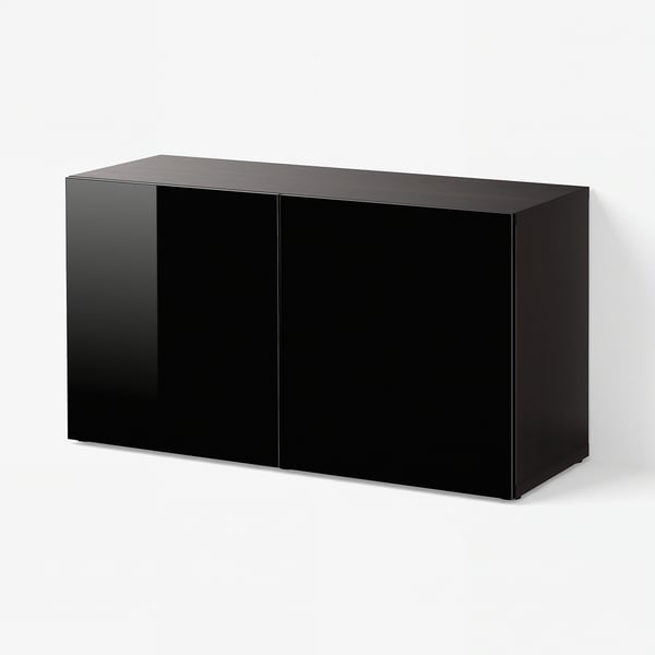 BESTÅ Reol med døre, sortbrun/Selsviken højglans/sort, 120x42x64 cm