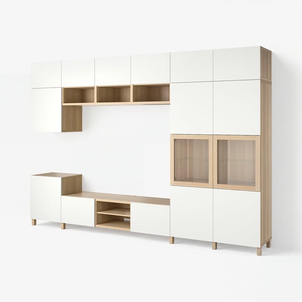 BESTÅ Tv-møbel m opbevaring/vitrinelåger, egetræsfiner med hvid bejdse Lappviken/Sindvik hvid, 360x42x240 cm