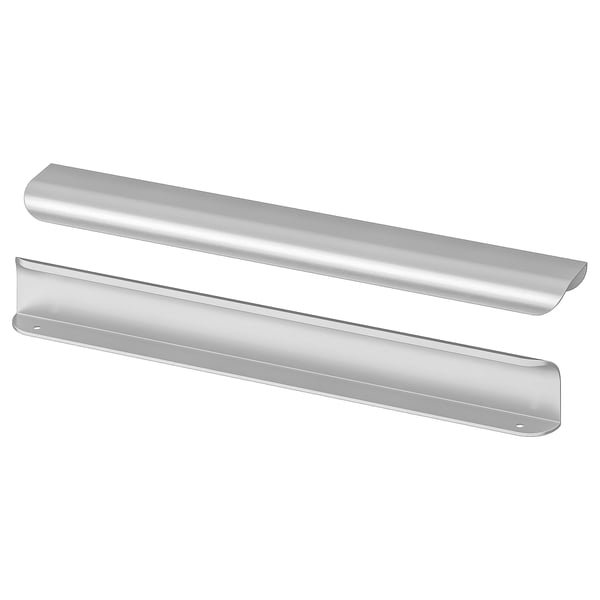 To slanke sølvhåndtag, minimalistisk design, aluminium med pulverlakering.
