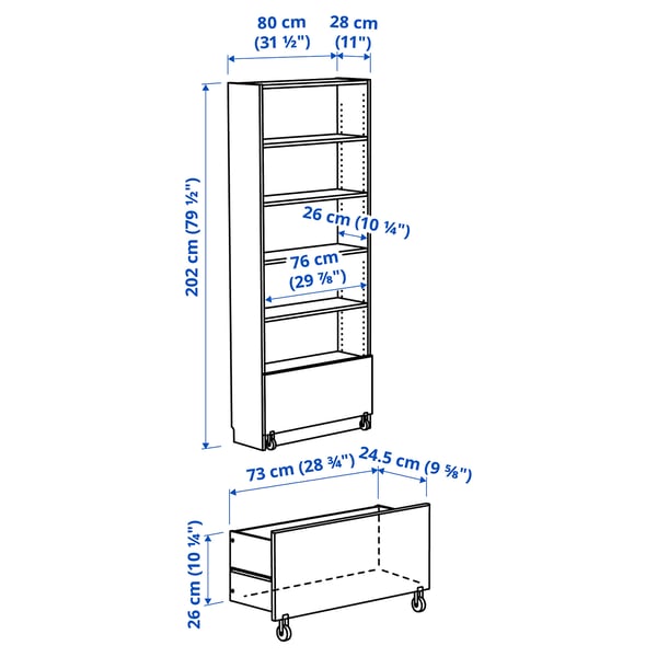 Illustration med mål for produktet: BILLY.
