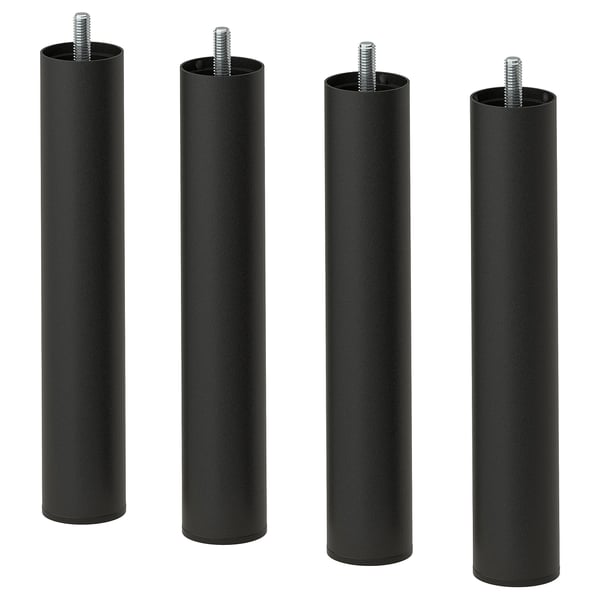 Fire cylindriske ben i sort metal med gevindplader, designet til nem rengøring.