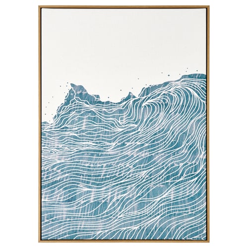 Indrammet blåt bølget kunsttryk på lærred med ramme med egetræseffekt.