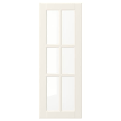 En hvid BODBYN dør med et design med seks paneler, glat lakeret finish og hærdede glaspaneler, der tilbyder en traditionel og ren æstetik.