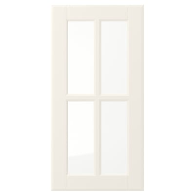 Råhvid BODBYN låge med skrå paneler, glatlakeret overflade og hærdet glas – ideel til traditionelle køkkener.