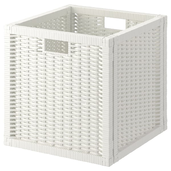 Hvid BRANÄS fletkurv, firkantet form, håndvævet design, passer til kallax hylder, robust med håndtag.