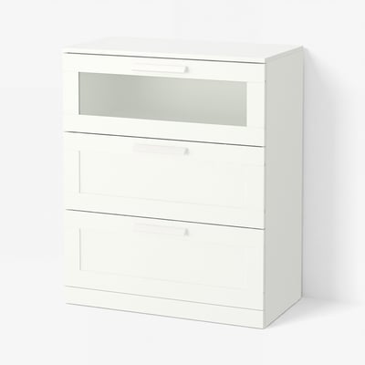 BRIMNES Kommode 3 skuffer, hvid/frostet glas, 78x46x95 cm