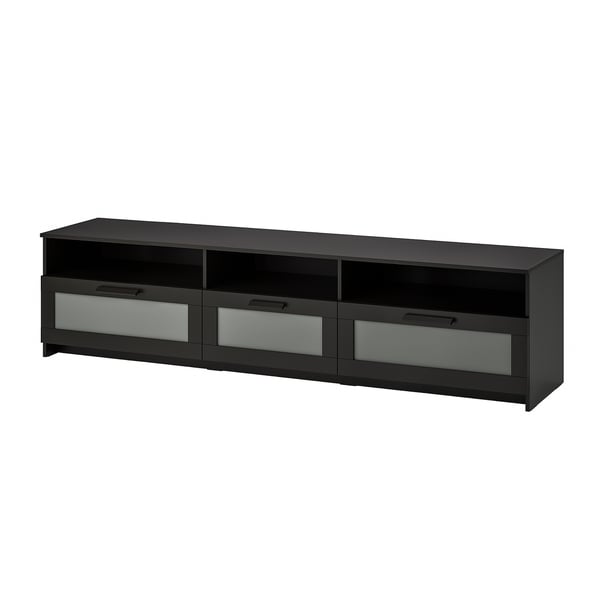 BRIMNES tv-stativ: sort med glasskuffer til opbevaring, rektangulær form, slankt design.