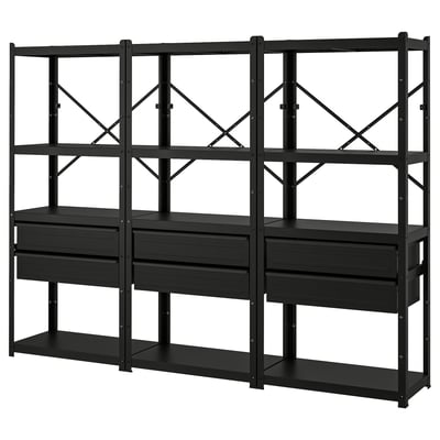 BROR Reol med skuffer/hylder, sort, 254x40x190 cm