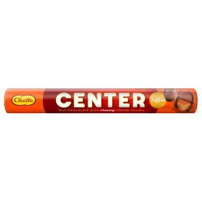 Billedet viser en chokoladebar af mærket CENTER fra cloetta med cremet karamelfyld.