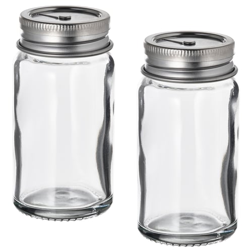 To tomme CITRONHAJ krydderiglas med sølvlåg, stående side om side, klart glas, cylindrisk form, enkelt design.
