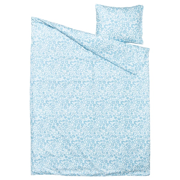 CYMBALBLOMMA sengesæt: blåt blomstermønster på hvid, blød genanvendt polyester, rektangulær dyne og pudebetræk.