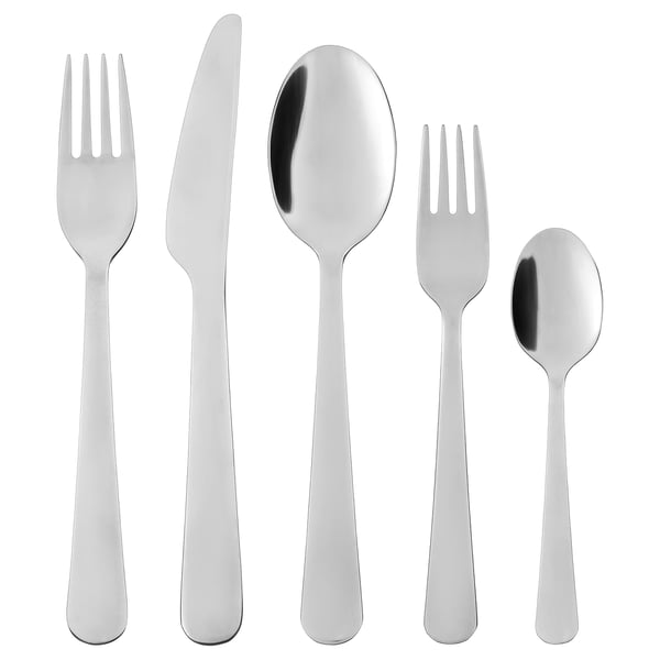 Bestiksæt i poleret sølv med ske, gaffel, salatgaffel, teske og kniv med slankt, holdbart design i rustfrit stål.