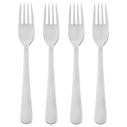 Fire skinnende kromgafler arrangeret pænt på række. Enkelt, slankt design med glatte håndtag og fire ben hver. En del af DRAGON bestiksættet.
