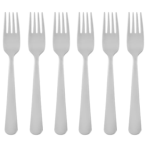 Seks sølvgafler i rustfrit stål med lange, slanke håndtag og fire tænder, der er arrangeret pænt på række.