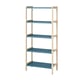 Blå og beige metal og træ reol med fire niveauer af opbevaring; Slankt, moderne design til alsidig brug.