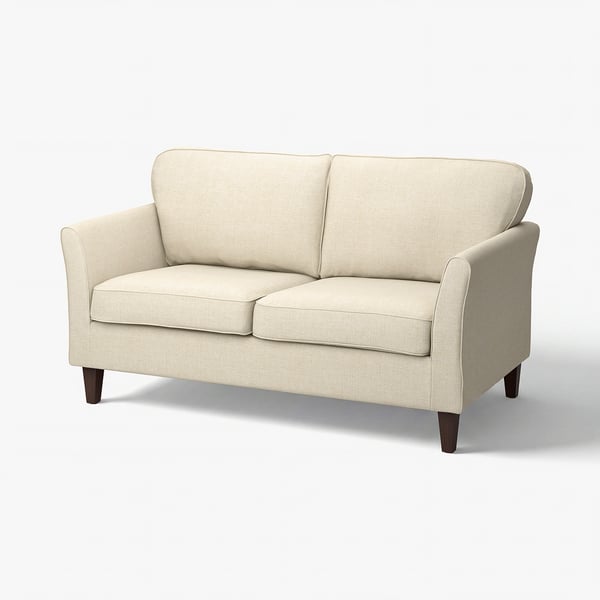 En EKHOLMA beige 2-sæders sofa med klassisk design, firkantede armlæn og træben, ideel til små rum og elegante interiører.