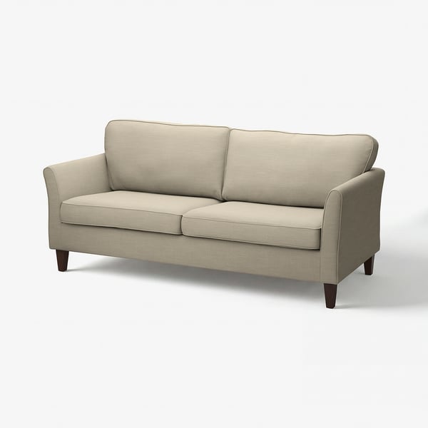 En beige EKHOLMA-sofa med et slankt, elegant design, med tilpasset betræk og træben, ideel til et sofistikeret opholdsrum.