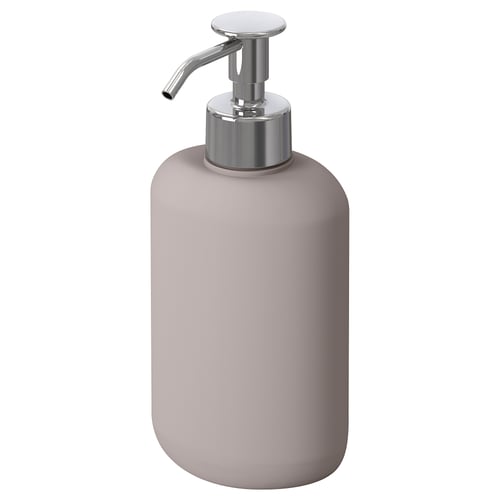 En grå EKOLN sæbedispenser. Det er et slankt, afrundet design med en krompumpe. Den er lavet af stentøj og rustfrit stål og passer godt ind i moderne badeværelser.