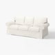 En hvid EKTORP-sofa med rullede armlæn og tre puder. Det er et blødt stofbetræk og et behageligt, indbydende design.