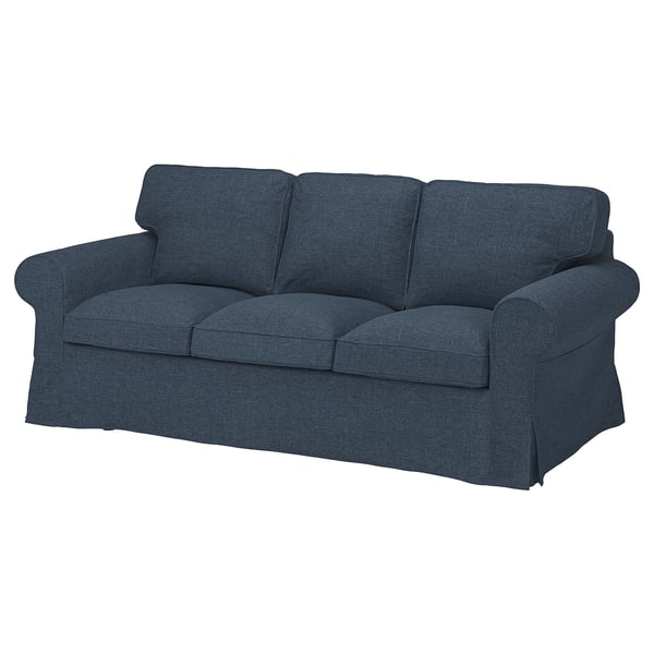 EKTORP blå sofa, tre-personers, rullede arme, tykke hynder, moderne klassisk design.