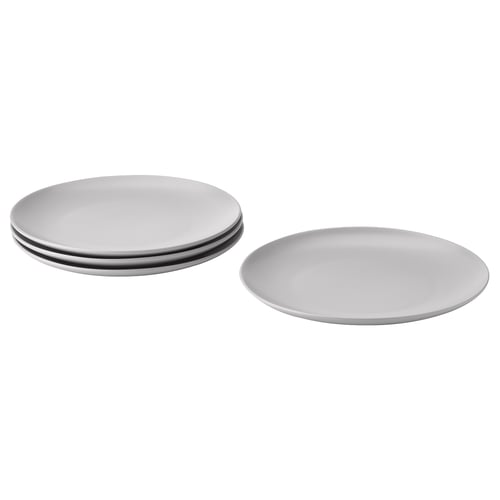 To grå stentøjstallerkener, en bunke med tre og en separat, enkel rund konstruktion.