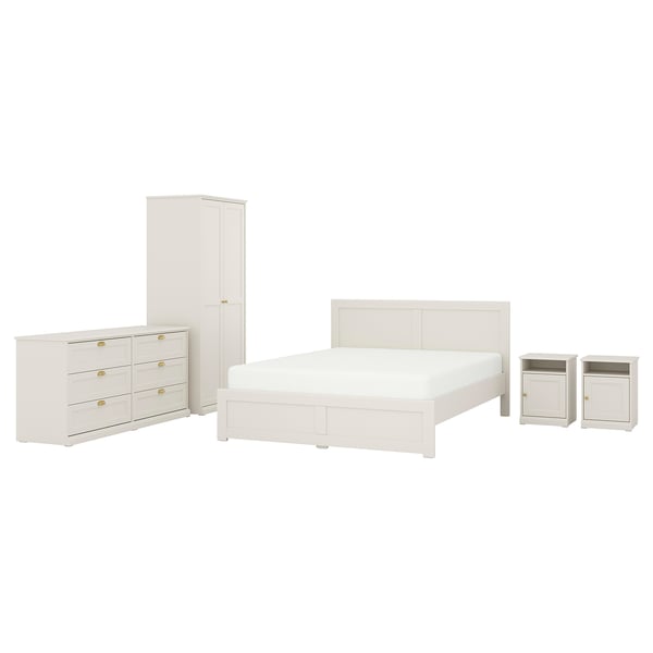 FÅGELFJÄLLET hvidt soveværelsessæt: seng, 2 natborde, kommode, garderobe – klassisk, off-white, træ.