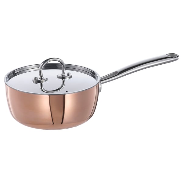 FINMAT kobbergryde med låg i rustfrit stål, rund form, taktilt design for jævn varmeoverførsel, elegant køkkenredskab.